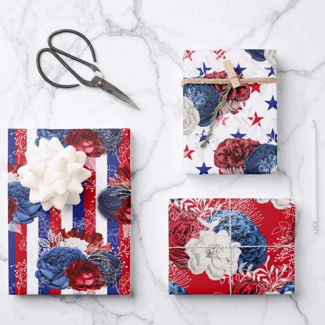 Red, White and Blue Floral USA Pattern Wrapping Paper Sheet (Front)