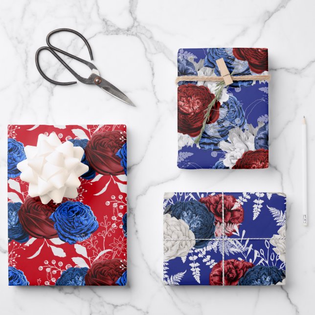 Red, White and Blue Floral USA Pattern Wrapping Paper Sheet (Front)
