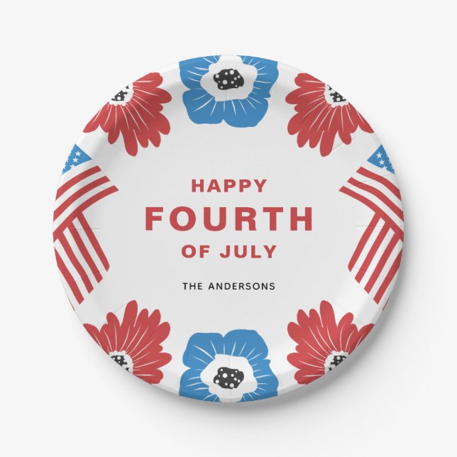 Red White and Blue Florals Happy Fourth of July Paper Plate (Front)