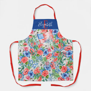 Red White And Blue Flowers Monogram 4th Of July Apron