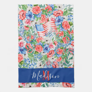 Red White And Blue Flowers Monogram 4th Of July Kitchen Towel