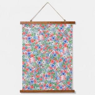 Red White And Blue Flowers Patriotic 4th Of July Hanging Tapestry
