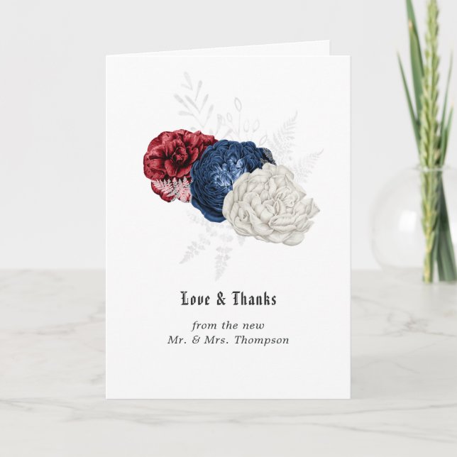 Red White and Blue Fourth of July Wedding Photo Thank You Card (Front)