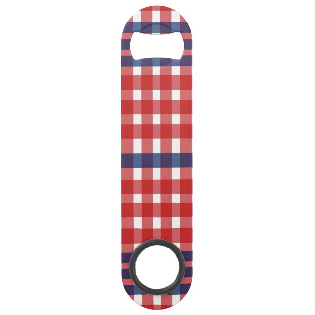 Red White and Blue Gingham Plaid Bar Key (Front)