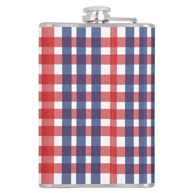 Red White and Blue Gingham Plaid Hip Flask (Back)