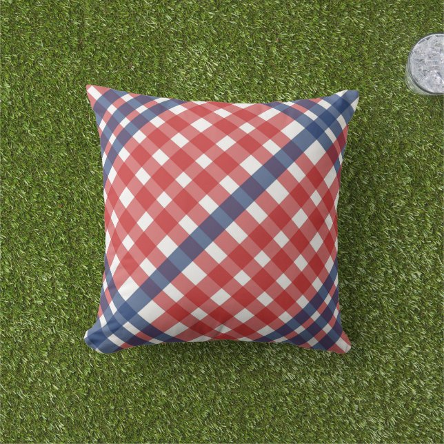 Red White and Blue Gingham Plaid Outdoor Pillow (Grass)