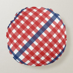 Red White and Blue Gingham Plaid Round Pillow