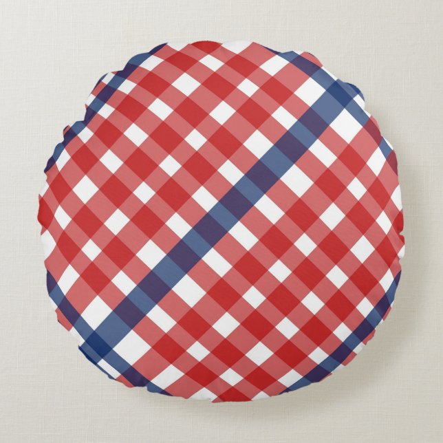 Red White and Blue Gingham Plaid Round Pillow (Front)