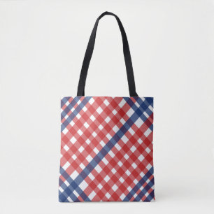 Red, White and Blue Gingham Plaid Tote Bag