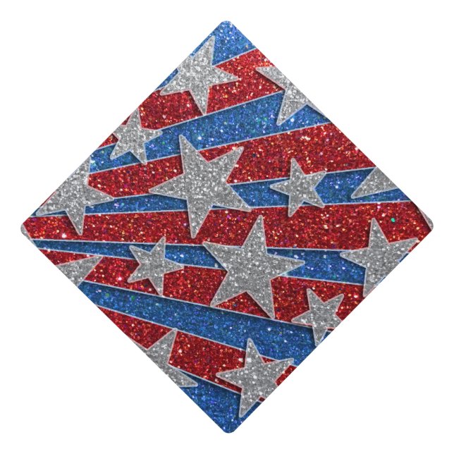 Red White and Blue Glitter American Stars Stripes Graduation Cap Topper (Front)
