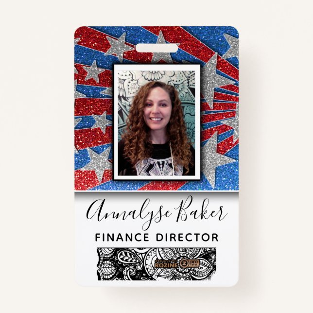 Red White and Blue Glitter Nurse USA Photo Name Badge (Front)