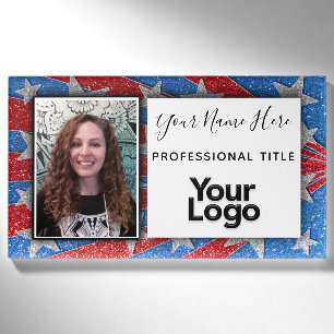 Red White and Blue Glitter USA Photo Employee Name Tag