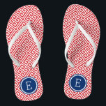Red White and Blue Greek Key Monogram Flip Flops<br><div class="desc">Custom printed flip flop sandals with a stylish modern Greek key pattern and your custom monogram or other text in a circle frame. Click Customize It to change text fonts and colours or add your own images to create a unique one of a kind design!</div>