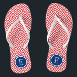 Red White and Blue Greek Key Monogram Flip Flops<br><div class="desc">Custom printed flip flop sandals with a stylish modern Greek key pattern and your custom monogram or other text in a circle frame. Click Customize It to change text fonts and colours or add your own images to create a unique one of a kind design!</div>