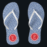 Red White and Blue Greek Key Monogram Flip Flops<br><div class="desc">Custom printed flip flop sandals with a stylish modern Greek key pattern and your custom monogram or other text in a circle frame. Click Customize It to change text fonts and colours or add your own images to create a unique one of a kind design!</div>