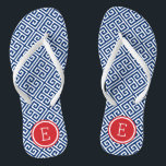 Red White and Blue Greek Key Monogram Flip Flops<br><div class="desc">Custom printed flip flop sandals with a stylish modern Greek key pattern and your custom monogram or other text in a circle frame. Click Customize It to change text fonts and colours or add your own images to create a unique one of a kind design!</div>