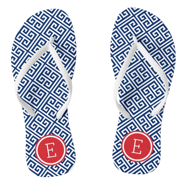 Red White and Blue Greek Key Monogram Flip Flops (Footbed)