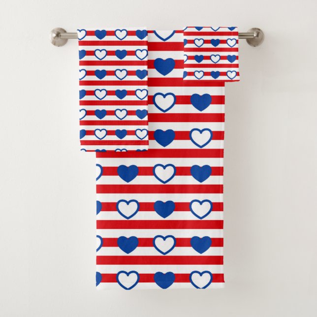 Red White and Blue Hearts and Stripes  Bath Towel Set (Insitu)