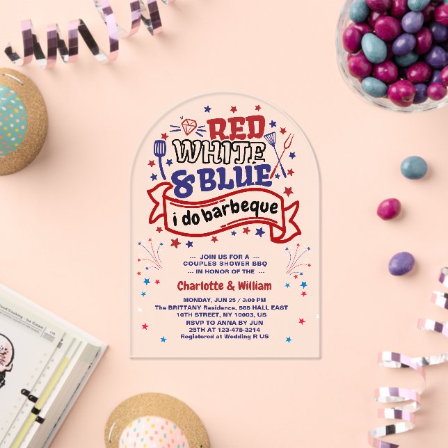 Red White and Blue i do BBQ Couple Bridal shower  Acrylic Invitations (Insitu (Celebration))