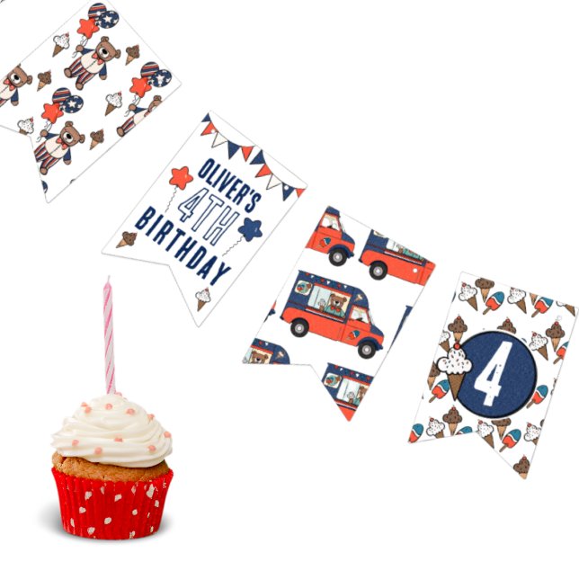 Red White and Blue Ice Cream Bear Birthday  Bunting Flags (Birthday Banner for Summer Red White and Blue Birthday)