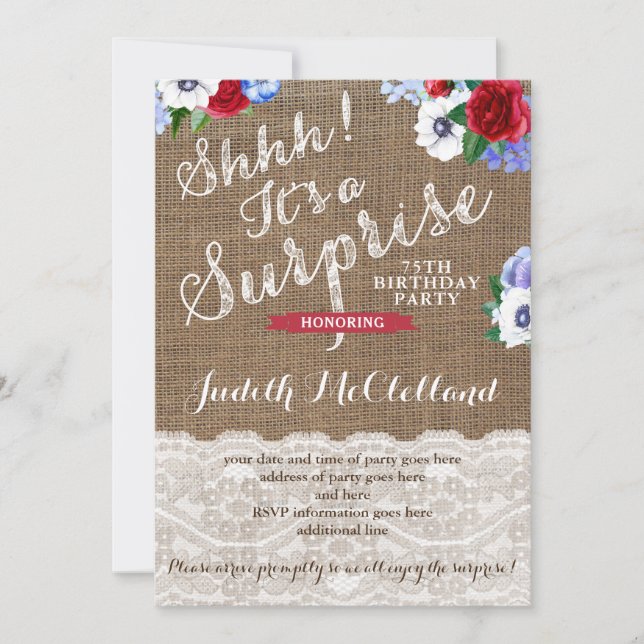 Red White and Blue Lady Surprise Birthday Party Invitation (Front)