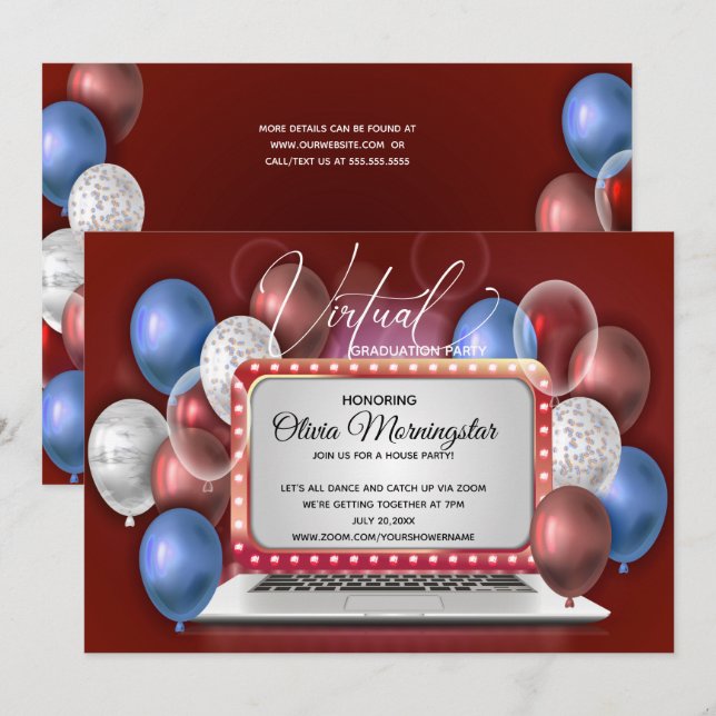 Red White and Blue Laptop Virtual Graduation Party Invitation (Front/Back)