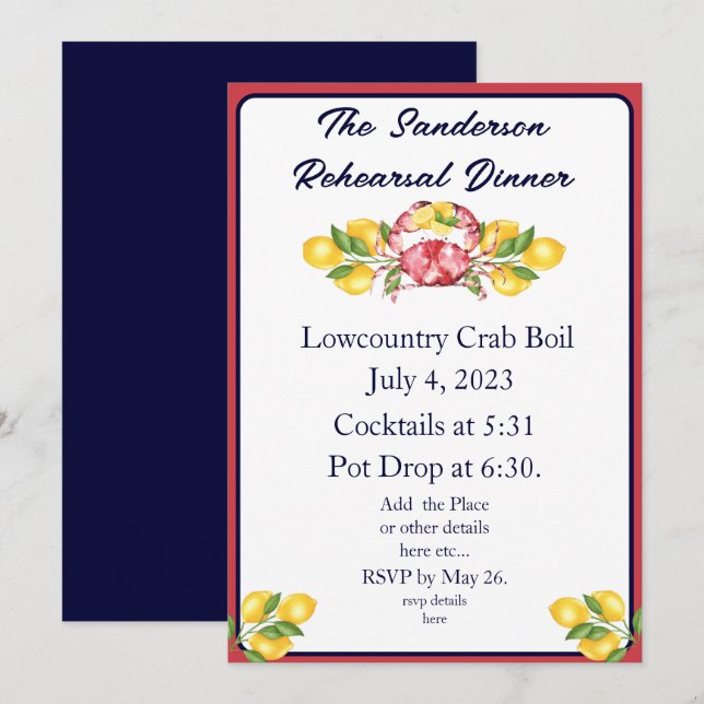 Red White and Blue Lemom Crab Boil Invitation  (Front/Back)
