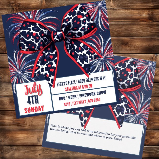Red White and Blue Leopard Coquette Bow  Invitation (July 4th Independence Day Patriotic party invitation you can customize on both sides
)
