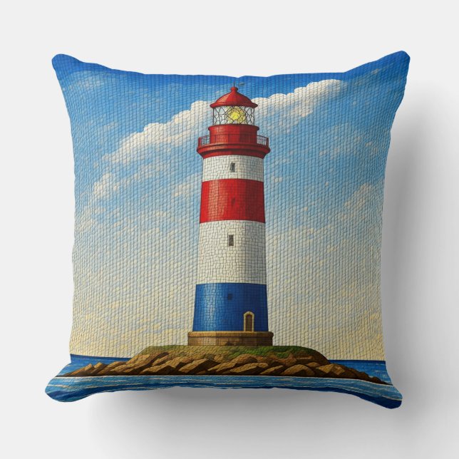 Red, White, and Blue Lighthouse Mosaic Pattern Throw Pillow (Front)