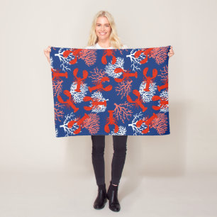 Red White and Blue Lobsters Coastal Patterned Fleece Blanket