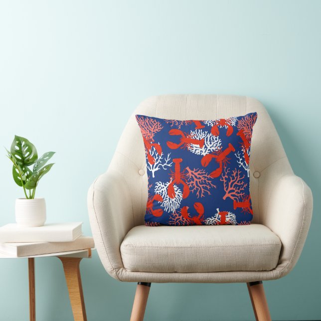 Red White and Blue Lobsters Pattern Throw Pillow (Chair)