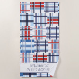 Red, White and Blue Madras Beach Towel with Text
