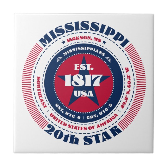 Red, White, and Blue Mississippi Ceramic Tile (Front)