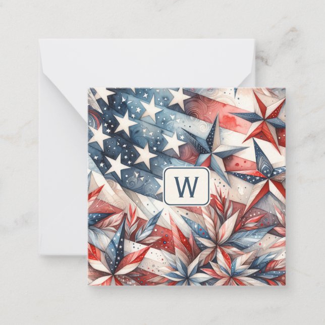 Red White and Blue Monogram Note Card (Front)