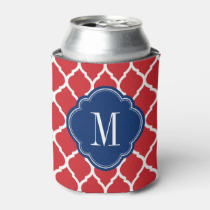 Red White and Blue Moroccan Quatrefoil Monogram Can Cooler
