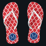 Red White and Blue Moroccan Quatrefoil Monogram Flip Flops<br><div class="desc">Custom printed flip flop sandals with a stylish Moroccan quatrefoil pattern and your custom monogram or other text in a circle frame. Click Customize It to change text fonts and colours or add your own images to create a unique one of a kind design!</div>