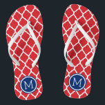 Red White and Blue Moroccan Quatrefoil Monogram Flip Flops<br><div class="desc">Custom printed flip flop sandals with a stylish Moroccan quatrefoil pattern and your custom monogram or other text in a circle frame. Click Customize It to change text fonts and colours or add your own images to create a unique one of a kind design!</div>