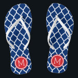 Red White and Blue Moroccan Quatrefoil Monogram Flip Flops<br><div class="desc">Custom printed flip flop sandals with a stylish Moroccan quatrefoil pattern and your custom monogram or other text in a circle frame. Click Customize It to change text fonts and colours or add your own images to create a unique one of a kind design!</div>