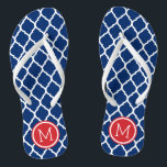 Red White and Blue Moroccan Quatrefoil Monogram Flip Flops<br><div class="desc">Custom printed flip flop sandals with a stylish Moroccan quatrefoil pattern and your custom monogram or other text in a circle frame. Click Customize It to change text fonts and colours or add your own images to create a unique one of a kind design!</div>