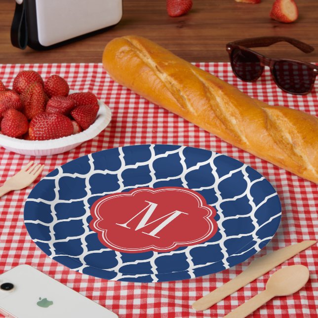 Red White and Blue Moroccan Quatrefoil Monogram Paper Plate (Picnic)