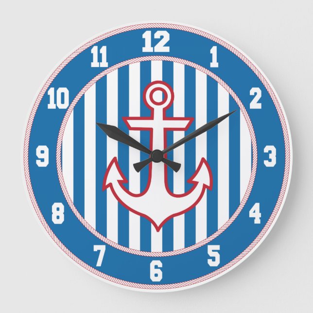 Red White and Blue Nautical Anchor Clock (Front)