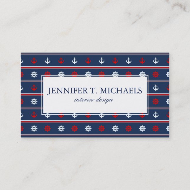 Red White And Blue Nautical Pattern Business Card (Front)
