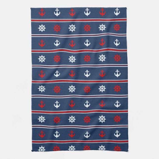 Red White And Blue Nautical Pattern Kitchen Towel (Vertical)