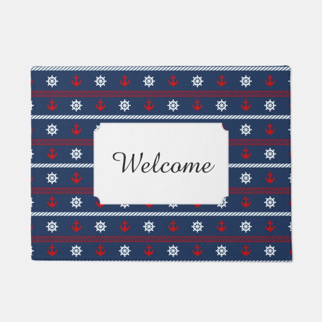 Red White And Blue Ocean Pattern | Add Your Text Doormat (Front)