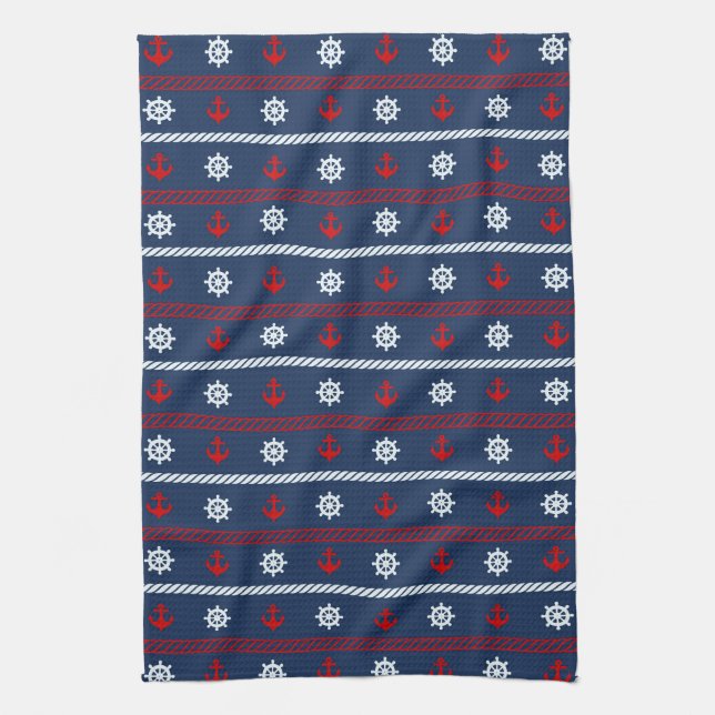 Red White And Blue Ocean Pattern Kitchen Towel (Vertical)