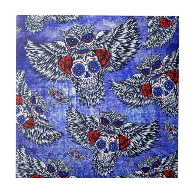 Red white and blue owl with sugar skull pattern tile (Front)