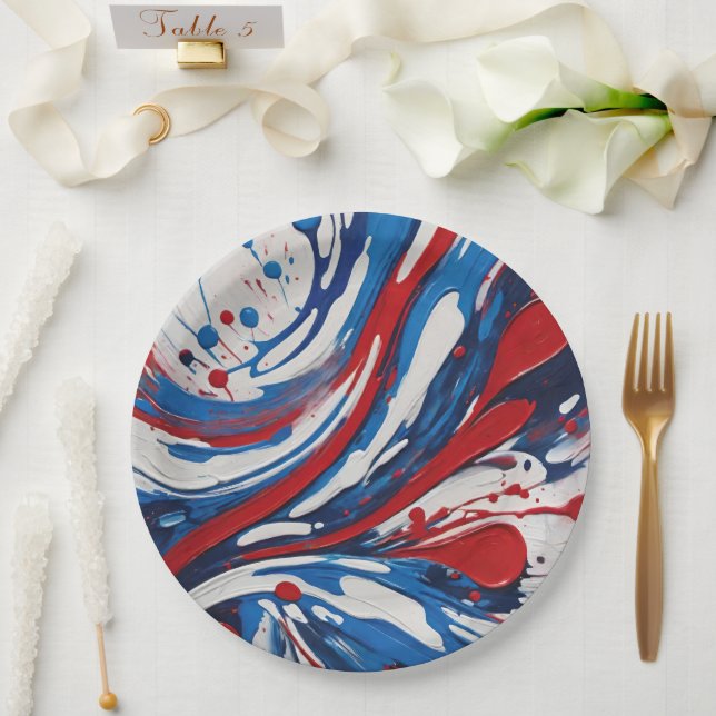 Red White And Blue Paint Pour Swirl Paper Plate (Wedding)
