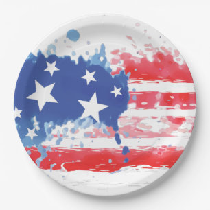 Red White and Blue Paint Splatter American Flag Paper Plate