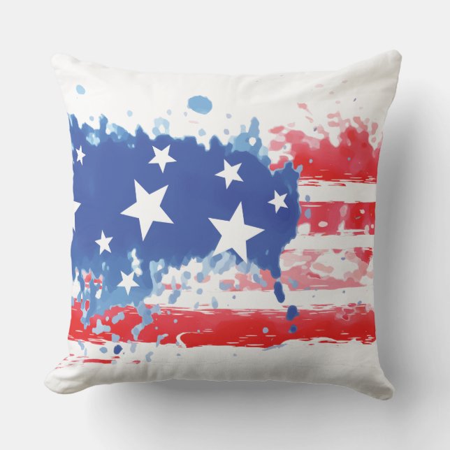 Red White and Blue Paint Splatter American Flag Throw Pillow (Front)
