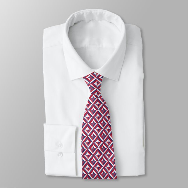 Red, White and Blue Patriotic Americana Geometric Tie (Tied)